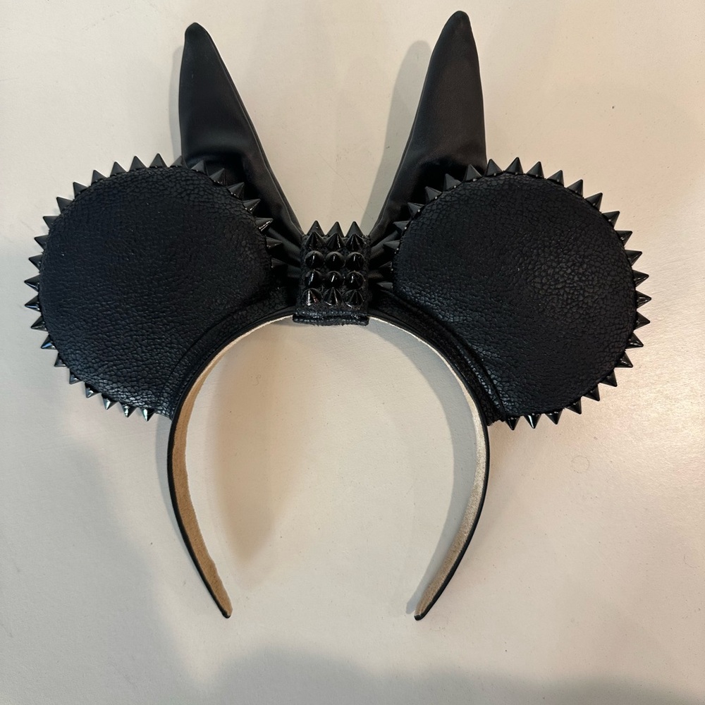 Punk Studded Mouse Ears Headband with Extra Large Black Leather Villain Bow - Picture 4 of 4